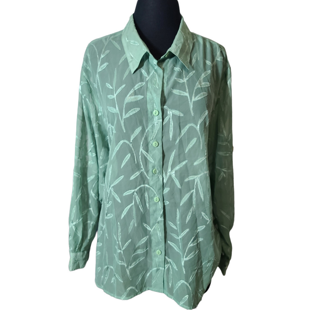 Bon Worth button down blouse long sleeve semi sheer soft green sz XLp